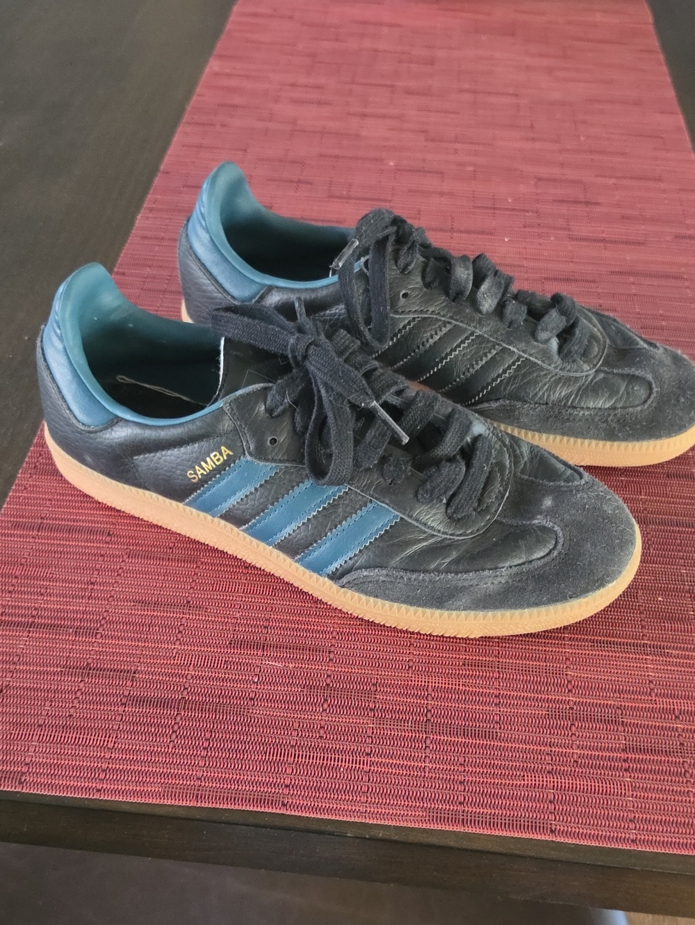 Adidas Suede Samba Black Leather Sneakers with Blue Stripes